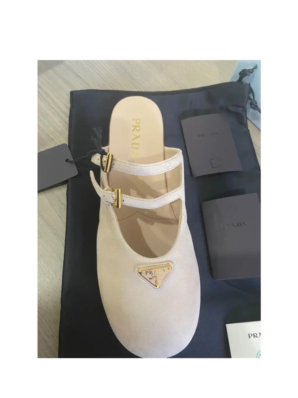 Prada Beige Leather Slide with Gold Logo - Picture 2 of 8